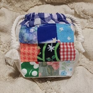 One-of-a-Kind Patchwork Drawstring Mini Bag | Folk Floral Garden Gingham Pouch
